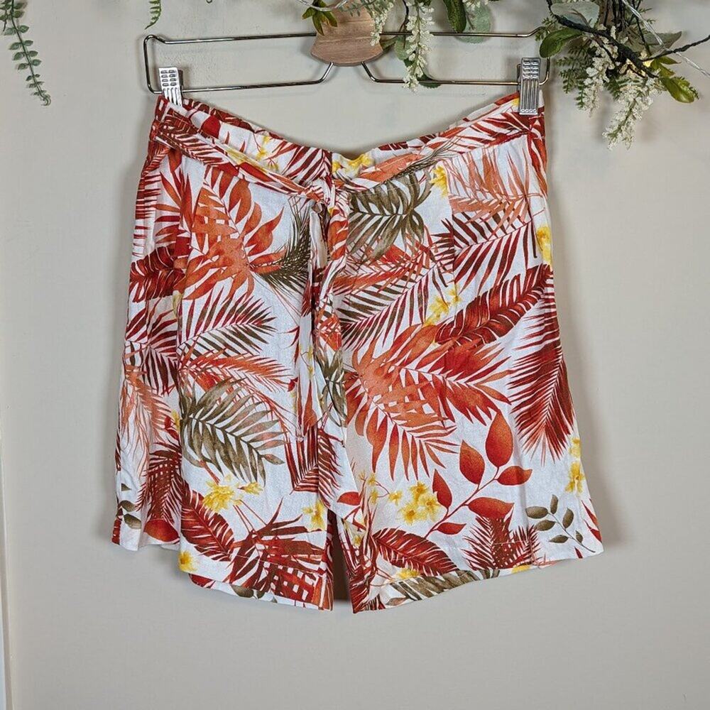 Land n sea Linen Tropical Leaf Print Tie Shorts Vacation Cruise